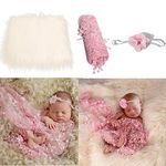 FAMKIT 3pcs Baby Photo Props Fluffy Blanket + Wrap + Headband Set Newborn Photography Wrap Mat