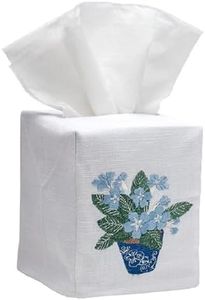 Jacaranda Living Square Tissue Box Cover, Linen/Cotton Fabric Tissue Holder, Decorative Cloth Tissue Cube Cover, Botanical Design Cachepot, Duck Egg Blue