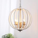 ANQIANYUE Boho Chandelier Farmhouse 4-Light Beaded Pendant Light Fixture Adjustable Cord for Kitchen Island Dining Room Living Room Nursery White Wooden 16.5"