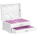 SONGMICS 2-Tier Girls Jewelry Box Wooden Flower Carving Organizer Drawer DIY, White and Pink UJOW201