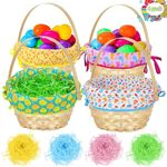 Easter baskets for kids, 4Pcs Easter Bamboo Basket with Easter Lining, Plastic Eggs Easter Grass, Handmade Woven Easter Basket with Handle for Easter Egg Hunt, Filling with Party Favors