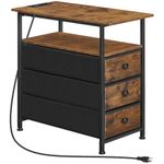 HOOBRO End Table, Narrow Side Table with Charging Station, Nightstand with 3 Non-Woven Fabric Drawers, Bedside Table for Small Spaces, for Living Room, Bedroom, Rustic Brown and Black BF483UBZ01