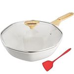 FNT Ceramic Nonstick Octagonal Wok Die-cast Induction Woks and Stir Fry Pans with Glass Lid (White)