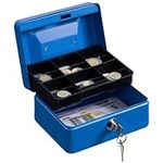 H&S Money Box with Key - 6 inch Money Tin with Lock - Small Lockable Cash Box with Coin Tray for Petty Cash Coins Notes - Locking Metal Safe Box with 2 Keys - Blue