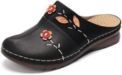 Clogs Shoes for Women, Summer Leather Slippers Comfort Work Clogs Slip on Loafers Wide Fit Mules Antil Slip Beach Shoes Flowers Wedge Sandals