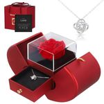 Eternal Flowers Rose with Necklace Apple Gift Box, Real Rose that Never Wither with Four-leaf Clover Eternal Heart Necklace,Romantic Gifts for her on Anniversaries,Birthday Valentine's Day (Red)