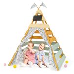 GYMAX Large Teepee Tent, Wooden Play Tent with Removable Chalkboard, Washable Flags and Door Curtains, Outdoor Indoor Kids Teepee for 3-8 Years Old Boys Girls, 136x135x170cm