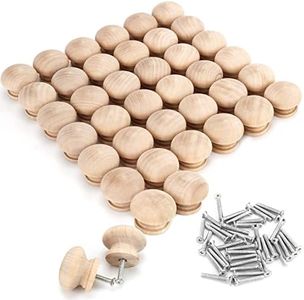 Belle Vous Pack de 40 Pomos Madera Redondos Sin Acabado con Tornillos - 3,4 x 2,5 cm Pomos para Cajones de Abedul Natural - Tiradores Armarios, Gabinetes, Alacena o Muebles
