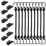 VASHLY 20 pcs Heavy Duty Bungee Cords with Hooks and Tarp Clamps Clip Heavy Duty Lock Grip, 8mm Rubber Elastic Bungee Shock Cords Straps Rope Durable for Bike,Tie Downs, Camping,Trucks