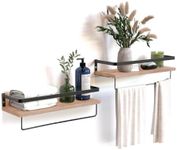 Halter Wall Mounted Floating Shelf with Rail Bathroom Kitchen Book Shelves, Natural Wood, Set of 2