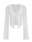 Verdusa Women's Sheer Shrug Crop Top Long Sleeve Tie Front Lettuce Trim Mesh Open Cardigan Top, White, Small