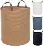 Twira Extra Large 20x16 Inches Cotton Rope Basket, Woven Baby Laundry Blanket Basket with Leather Handle Toy Basket Storage Baskets Bin for Yoga Mat & Towel (Brown）