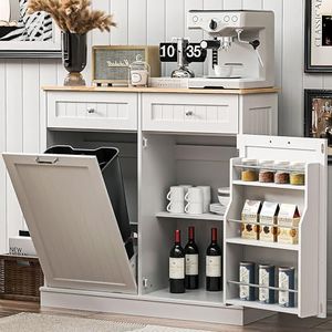 Spurgehom 13 Gallons Tilt Out Trash Cabinet Freestanding Kitchen Recycling Trash Can Cabinet with Hideaway Drawers Pet Proof Trash Can Holder for Kitchen Living Room, White