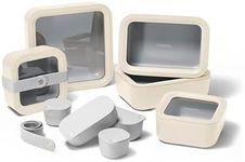 Caraway Glass Food Storage Set, 14 Pieces - Ceramic Coated Food Containers - Easy to Store, Non Toxic Lunch Box Containers with Glass Lids - Includes Storage Organizer & Dot & Dash Inserts - Cream