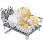 LIONONLY Dish Drying Rack, 1 Tier Dish Drying Rack, Dish Drainer with Drainboard, Space-Saving Dish Strainer, Dish Racks for Kitchen Counter, Tableware Utensil Holder, Grey