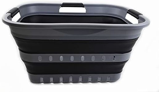 SAMMART 30L Collapsible 3 Handled Plastic Laundry Basket - Foldable Pop Up Storage Container/Organizer - Portable Washing Tub - Space Saving Hamper/Basket (Grey/Black)