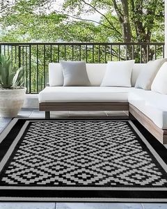 Kohree RV Outdoor Rug 9x12 Reversible, Waterproof Patio Mat with 4 Stakes & UV Fade Resistant, Non-Slip Outdoor Camping Mat for Deck, Picnic, Backyard, Includes Carry Bag (Black & Gray)