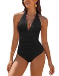 Vozobi Women's Deep V Neck One Piece Swimsuits Halter Wrap Tie Bathing Suit Tummy Control High Waisted 1 Piece Swimsuit Black