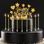 35pcs Birthday Candles Set, 24 Metallic Birthday Cake Candles 4.92'' Birthday Candles with Holder with 11 Glitter Happy Birthday Cake Toppers for Celebration Party Cake Decoration