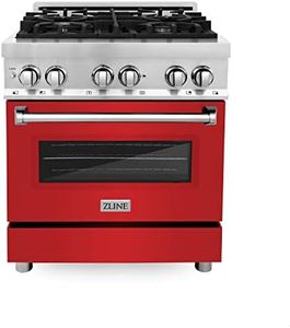 ZLINE 30 in. 4.0 cu. ft. Legacy Dual Fuel Range with 4 Burner Gas Cooktop and Electric Convection Oven in Stainless Steel and Red Matte Door (RA-RM-30)