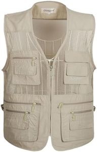 Flygo Men's Summer Mesh Fishing Vest Photography Work Multi-Pockets Outdoors Journalist's Vest Sleeveless Jacket (Medium, Off White)