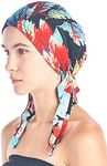 Ashford & Brooks Women's Pretied Printed Fitted Headscarf Chemo Bandana - Black/Red Tropical Fronds