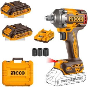 Ingco Cordless Impact Wrench, ?Square Drive Nut-Busting Torque550 Nm, Brushless Motor 1/2 Inch 20V Battery Impact Gun with 2 PCS Battery Packs and Charger