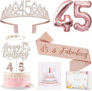 45th Birthday Gifts Decorations for Women, Including 45 year old Birthday Cake Topper, Birthday Queen Sash with Pearl Pin, Sweet Rhinestone Tiara Crown, Number Candles and Balloons Set, Rose Gold