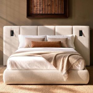 ModernMate Queen Upholstered Bed Frame with Extended Headboard, Beige