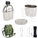 Mastiff Gears® 304 (18/8) Stainless Steel (FDA Compliant) US Military Canteen Kit Cooking Set Camping Canteen Mess Kit with Cup, Lid, MOLLE Pouch for Camping Hiking (Army Green)