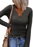 Zeagoo Women Long Sleeve Shirt Rib Knit Basic Tops V-Neck Pullover Sexy T Shirts Fall Going Out Tops Teen Girls Y2k Shirts Dark Grey Medium