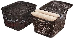 Amazon Brand - Solimo Royal Multipurpose Storage Basket With Lid- Large (Set Of 2, Brown) - Fabric, Rectangular