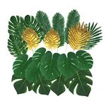 Giftown 74 Pieces 9 Kinds Artificial Palm Leaves Golden Tropical with Stems Safari Jungle for Hawaiian Luau Party Beach Baby Shower Wedding Birthday Decorations (LYS01)