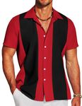 COOFANDY Men's Casual Vintage Bowling Shirt Short Sleeve Button Down Summer Beach Untucked Shirts, Poppy Red&white, Large