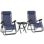 Outsunny Zero Gravity Chair Set of 2 with Side Table, Folding Lounge Chair with Cup Holders and Pillows, Outdoor Recliner Set for Pool, Backyard, Lawn, Beach, Blue
