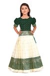 FELIZ THE DESIGNER STUDIO Girl's Round Neck Half Sleeve Green & White Color Pattu Pavadai Cotton Silk Lehenga choli for 8-9 Years. (FREEFIREE-WHT89)