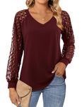 Beluring Tunic Tops for Women Loose Fit V Neck Tops Lace Long Sleeve Tshirt Burgundy Size 16 18