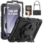 SEYMAC Case for Samsung Galaxy Tab A9 8.7 inch 2023, Shockproof Protective Galaxy A9 Tablet Case With Screen Protector/Hand Strap/Rotating Stand/Shoulder Strap, SM-X110/SM-X115/SM-X117 Case, Black