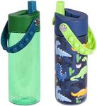 Elemental Leak Proof Water Bottles for Kids - Splash Kids Water Bottle for School with Pop-it Handle - Tritan Plastic Water Bottle with Straw - Dinosaur & Green - 18oz (2 Pack)