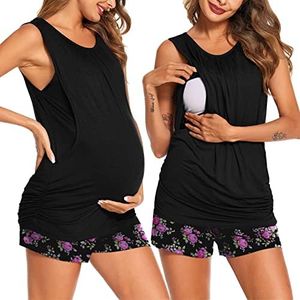 Ekouaer Maternity Pajamas for Women Breastfeeding Summer Nursing Pajama Set Sleeveless Top & Shorts with Pockets Floral Black S