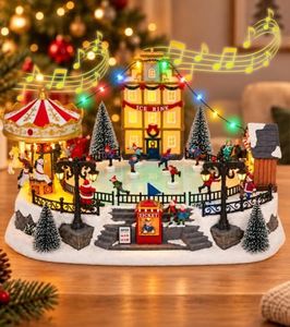 Twirleternity Animated Christmas Village Ice Skating Pond with Carousel | Resin Ice Skating Rink with 10 Moving Skaters, Christmas Houses Village with Music and Lights, Christmas Decor Gift