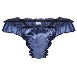 iEFiEL Sissy Men's Satin Polka Dot Ruffled Bikini Briefs Thong Panties Underwear Navy Blue L