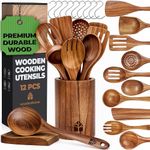 Wooden Spoons Cooking Utensils - Teak Wooden Utensil Set of 12 Pcs with Holder, Spoon Rest & Hanging Hooks, Non-Stick and Heat Resistant Kitchen Accessories by Woodenhouse