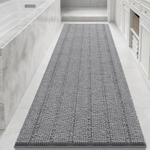Bcoimo Long Bathroom Rug, Chenille Bath Runner with High Low Pile Design, Soft Absorbent Non Slip Bath Mat, Machine Washable Quick Dry Rug for Shower, Tub, Sink and Vanity