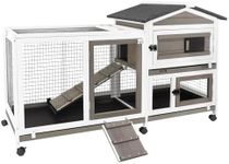 Rabbit Hutch Indoor and Outdoor 2-Story Rabbit Cage with Pull Out Tray,Fir Wood Pet House with Wooden Ramp,Waterproof Bunny Cage Indoor with 2 Asphalt Roofs,Grey (55.3" L x 21.5" W x 34.5" H)