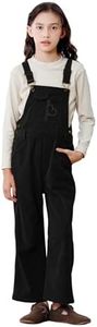Rolanko Girls Corduroy Overalls, Adjustable Straps Jumpsuits with Pockets Vintage Wide leg Bib Pants for Kids (Black, 9-10 Years)
