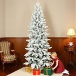 HOMCOM 7ft Flocked Christmas Tree, Hinged Pencil Christmas Tree with 972 Tips, Realistic Branches, Easy Assembly, Slim Shape, Artificial Xmas Home Decoration, Green White