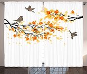 Fall Decorations Curtains by Ambesonne, Branch with Pale Fall Leaves and Birds Change in Season Summer Print, Living Room Bedroom Window Drapes 2 Panel Set, 108W X 84L Inches, Yellow Grey