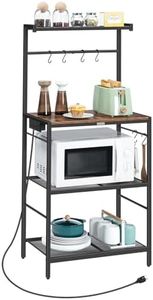 MAHANCRIS Bakers Rack with Charging Station, 4-Tier Microwave Stand, Storage Shelves with 6 S-Shaped Hooks, Practical Coffee Bar, for Kitchen, Dining Room, Rustic Brown BRHR35E01
