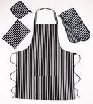 Double Oven Gloves Set with Apron Heat Resistant Oven Mitts for Home Kitchen Baking and Cooking, Butchers Stripe Pot Pan Tray Double Oven Gloves Set (Black)